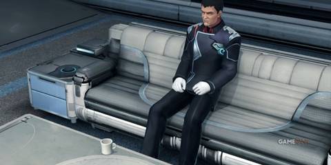 Nagi sitting on a white couch inside the BLADE base in Xenoblade Chronicles X