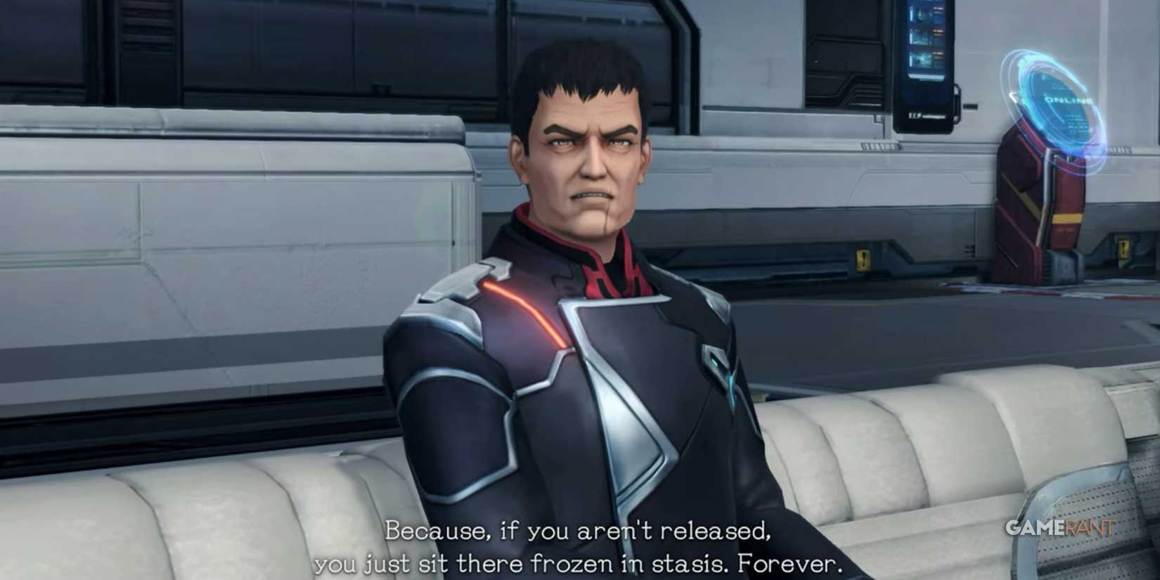 Nagi speaking about stasis with a serious expression in Xenoblade Chronicles X