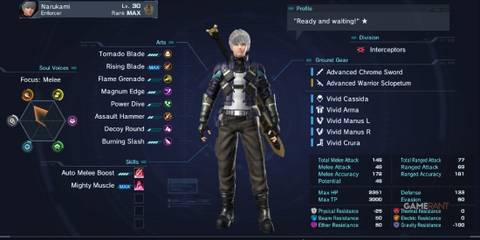 Narukami character stats and Enforcer class arts and skills displayed in Xenoblade Chronicles X Definitive Edition