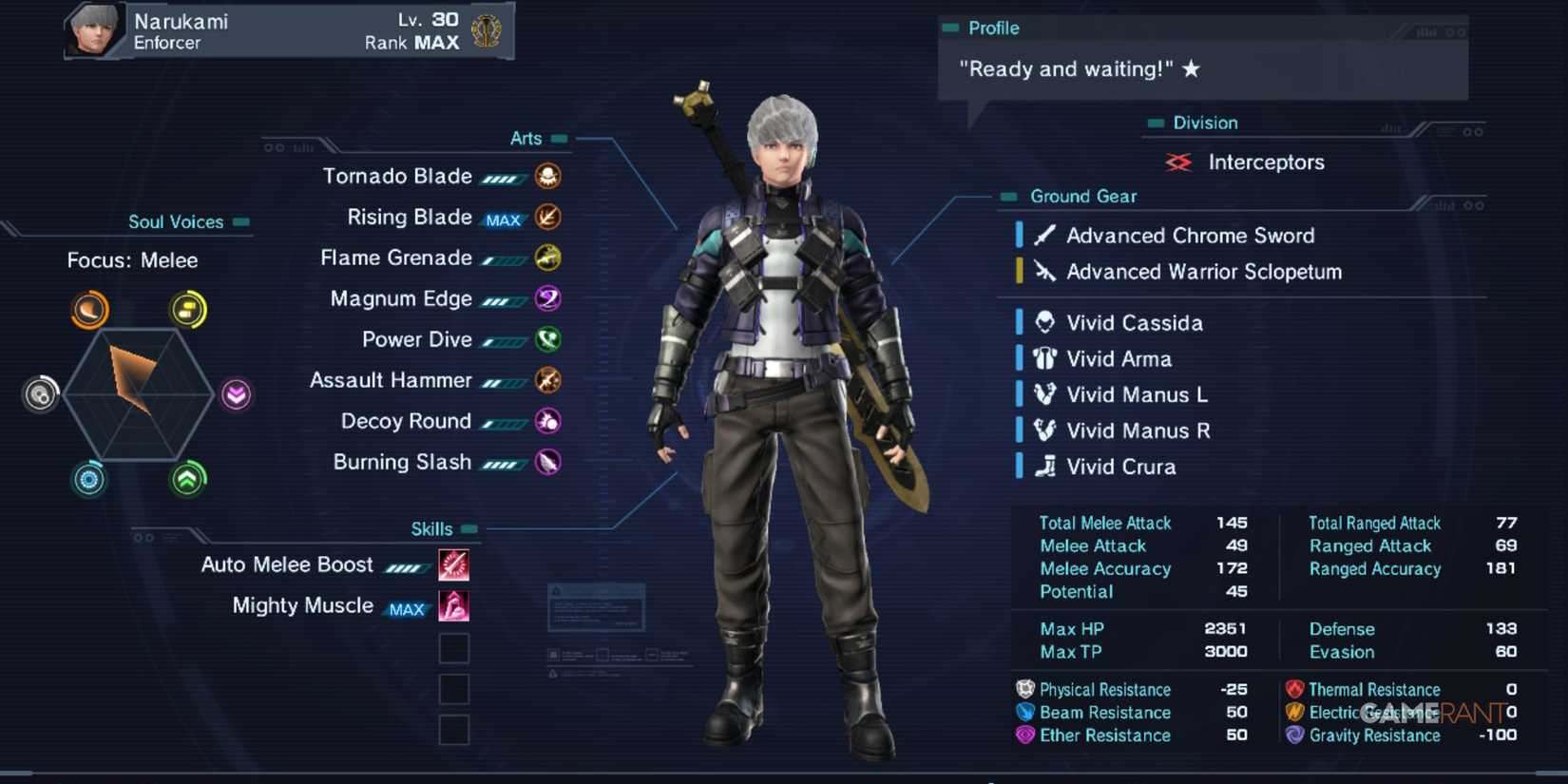 Narukami character stats and Enforcer class arts and skills displayed in Xenoblade Chronicles X Definitive Edition