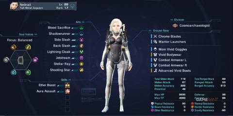 Neilnail character stats and Full Metal Jaguar+ class skills shown in Xenoblade Chronicles X Definitive Edition