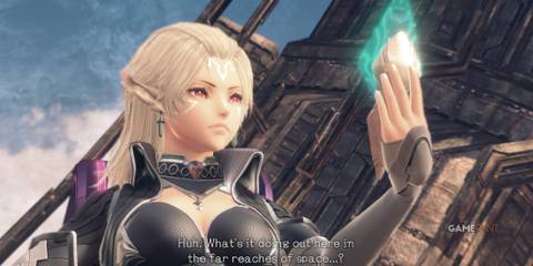 Neilnail examines a glowing crystal shard with caution during a mission in Xenoblade Chronicles X Definitive Edition