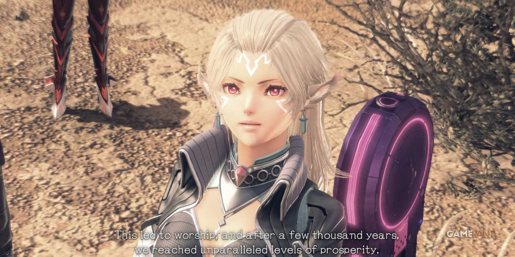 Neilnail explains her people's history in a desert region during a story cutscene in Xenoblade Chronicles X Definitive Edition