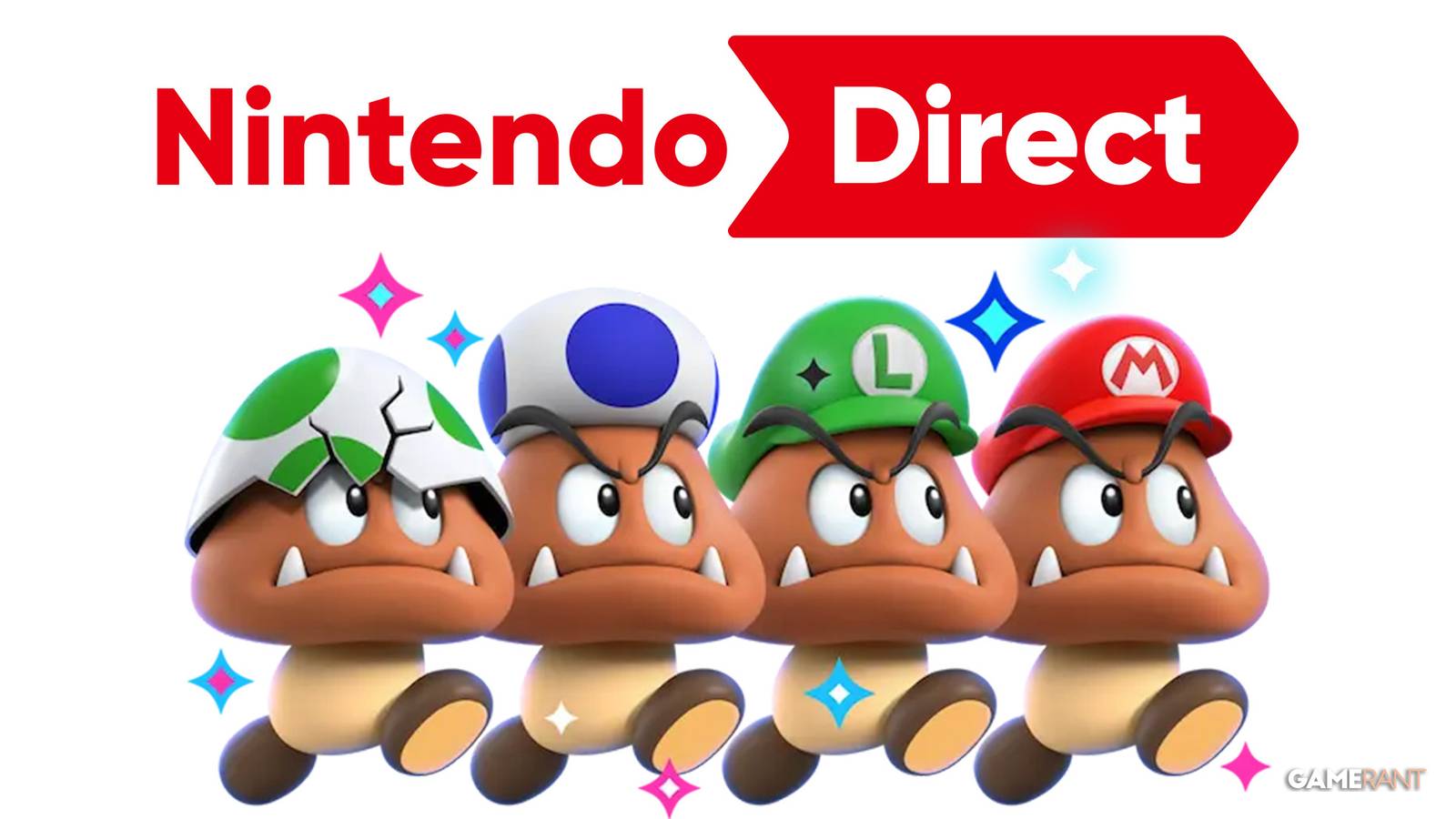 Nintendo Direct logo above Goombas on white background 2x1 composite