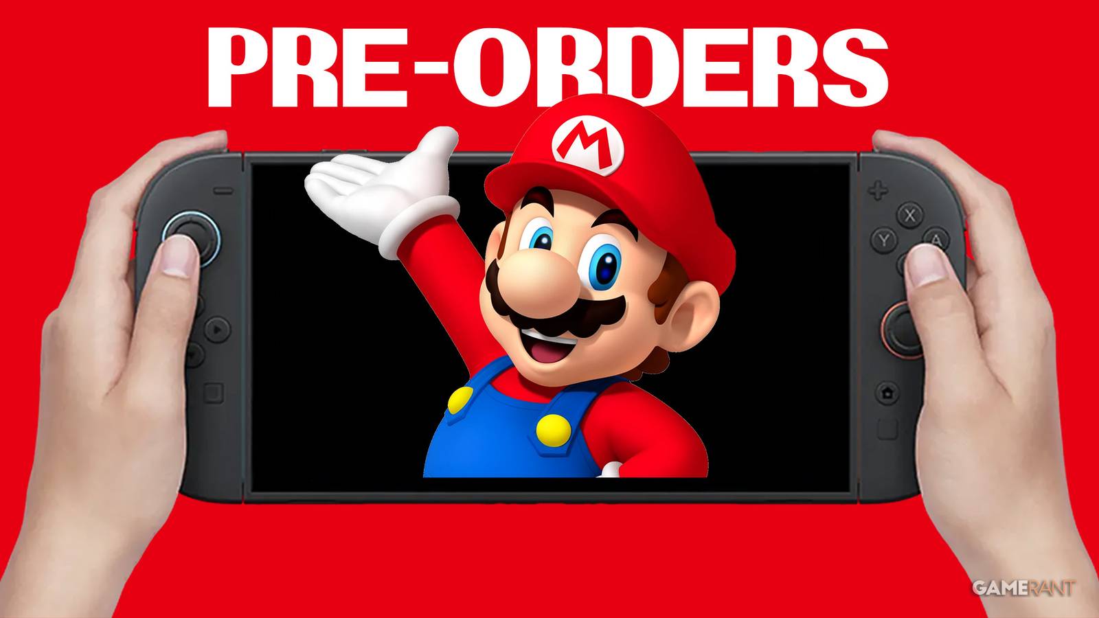 Nintendo Switch 2 pre-orders mockup Mario gesturing red background 2x1 composite