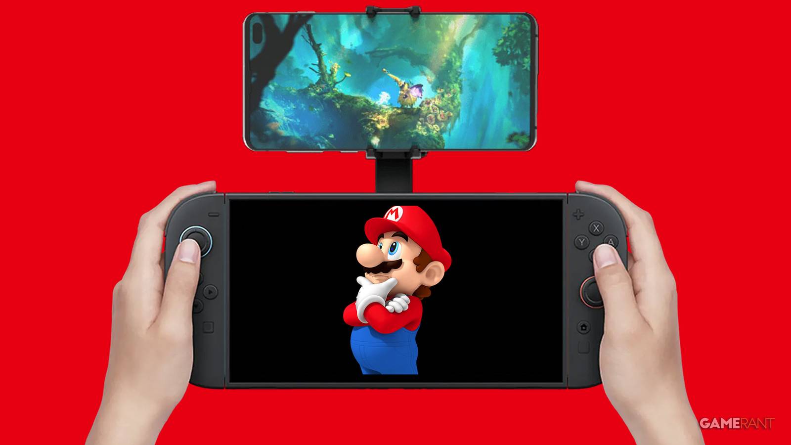 Nintendo Switch 2 with Moga Mobile Gaming Clip 2x1 composite red background Mario thinking