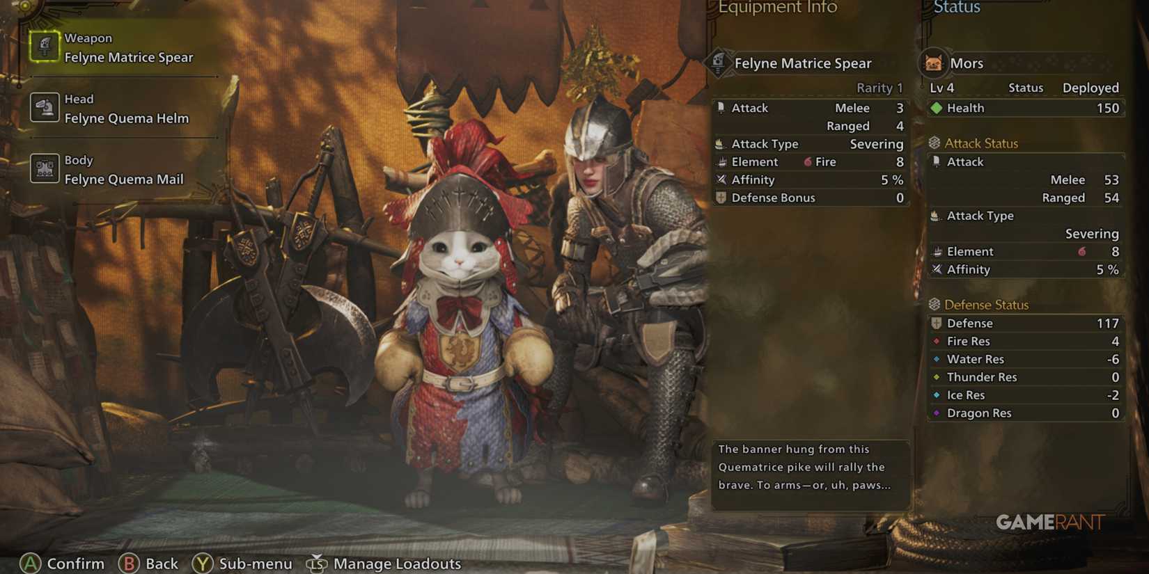 Palico companion in Monster Hunter Wilds, fully equipped with armor and weapons for battle