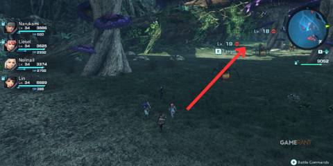 Party approaching a Level 19 enemy near giant trees on the path toward a Research Probe G2 in Noctilum