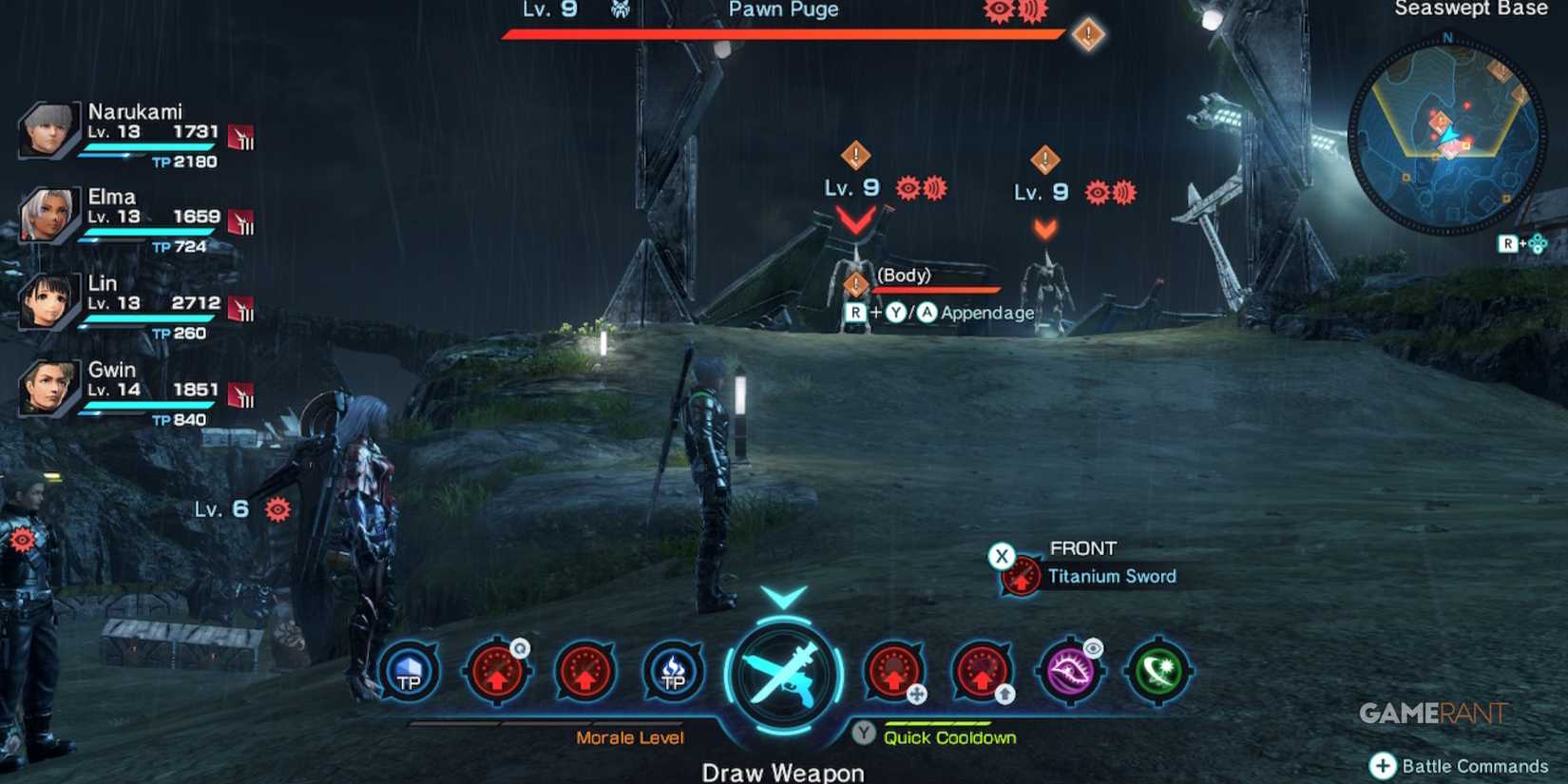 Party prepares to engage enemies at Seaswept Base in Xenoblade Chronicles X Definitive Edition