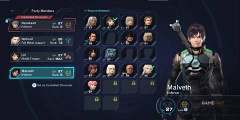 Party setup screen displaying recruited Avatar and reserve members in Xenoblade Chronicles X Definitive Edition