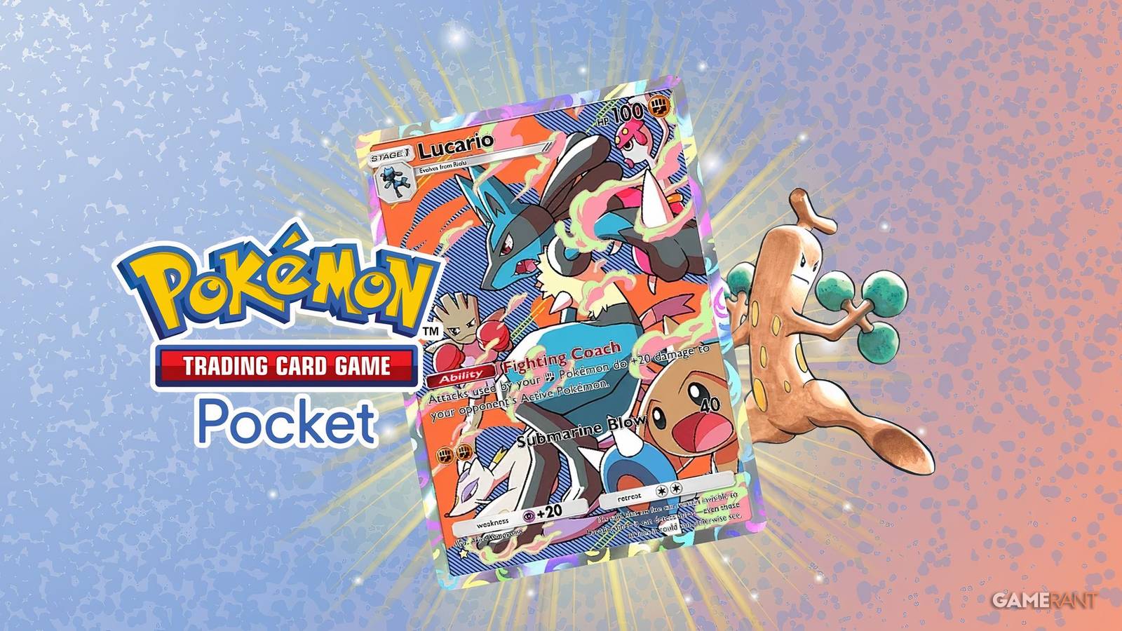 lucario and sudowoodo next to pokemon tcg pocket logo.