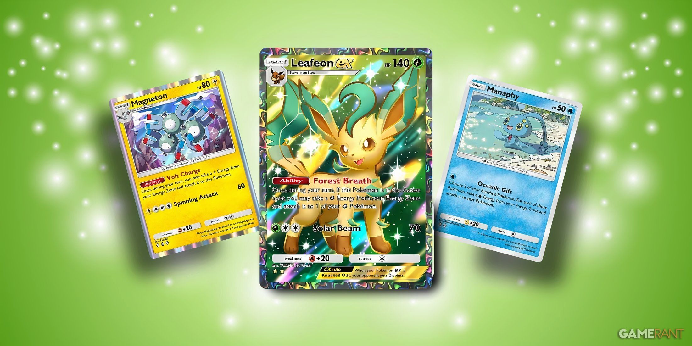 leafeon ex and manaphy and magneton from pokemon tcg pocket.