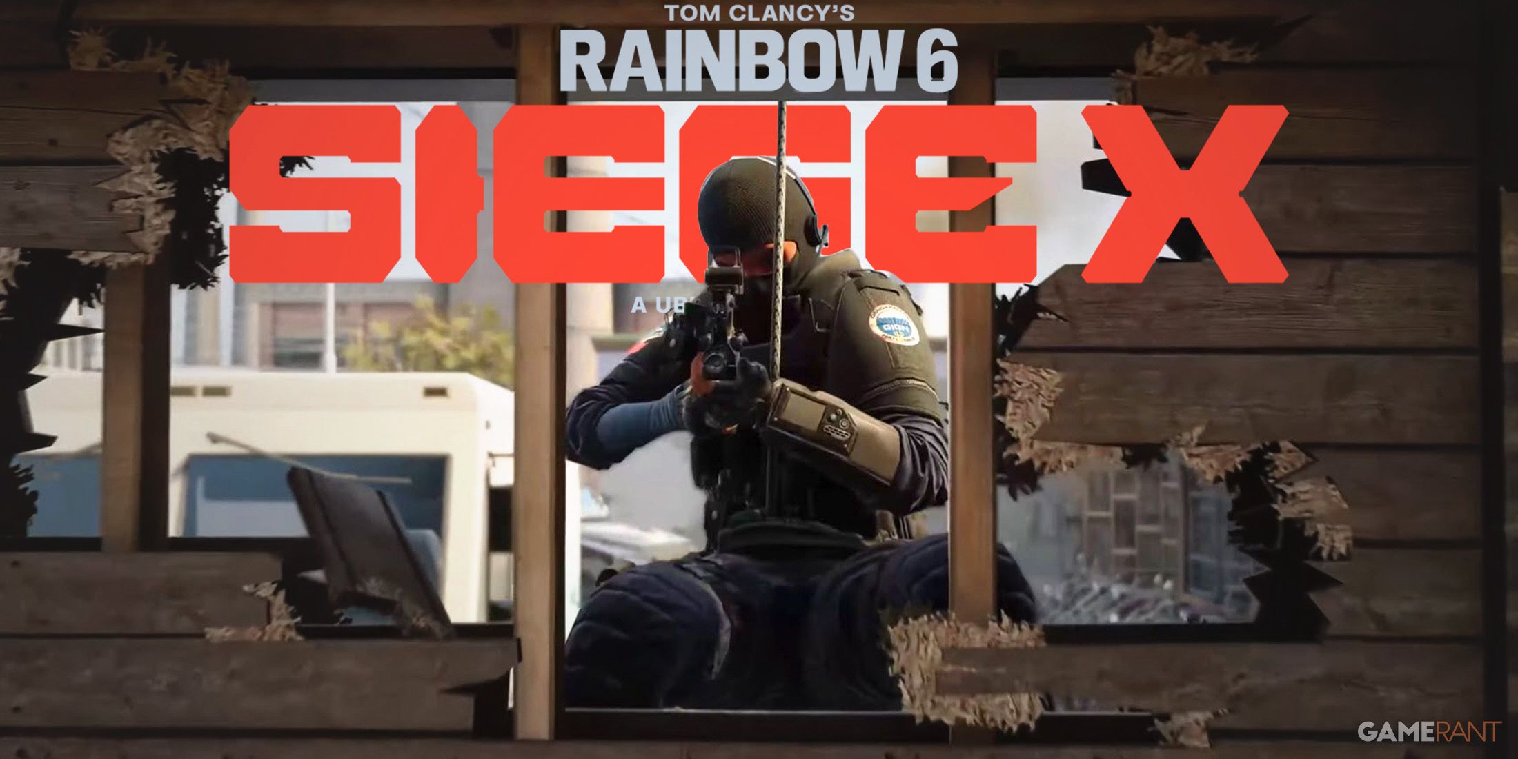 Rainbow Six Siege X logo behind operator aiming through wall 2x1 composite