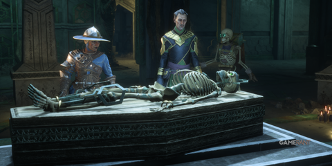 Rook, Emmrich, and Manfred stand around a skeleton