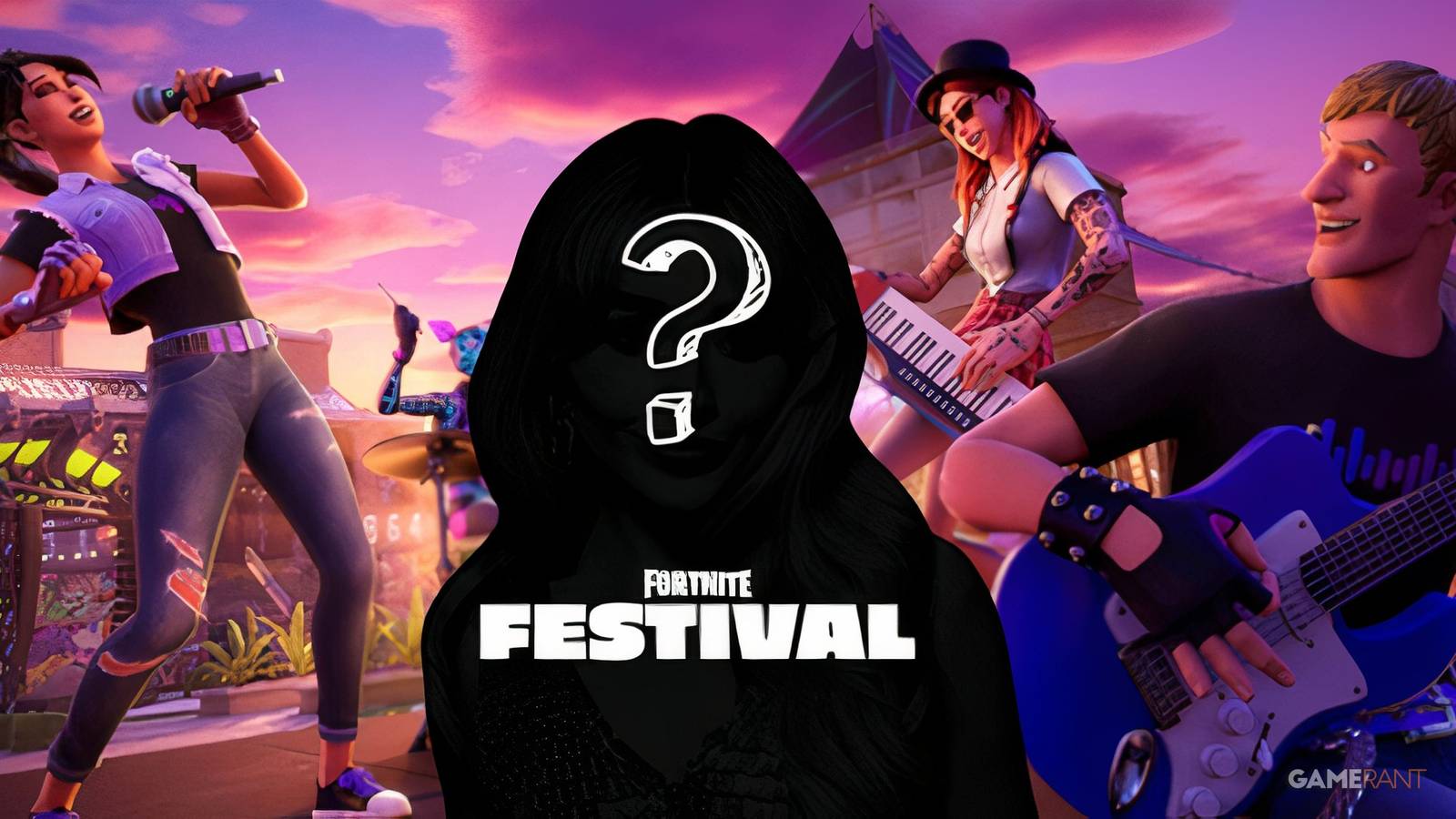 the shadowy outline of sabrina carpenter next to fortnite festival logo.