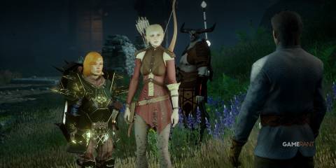 Sera and Inquisitor Cadash flanked by The Iron Bull talk with the nobleman in Sera's companion quest