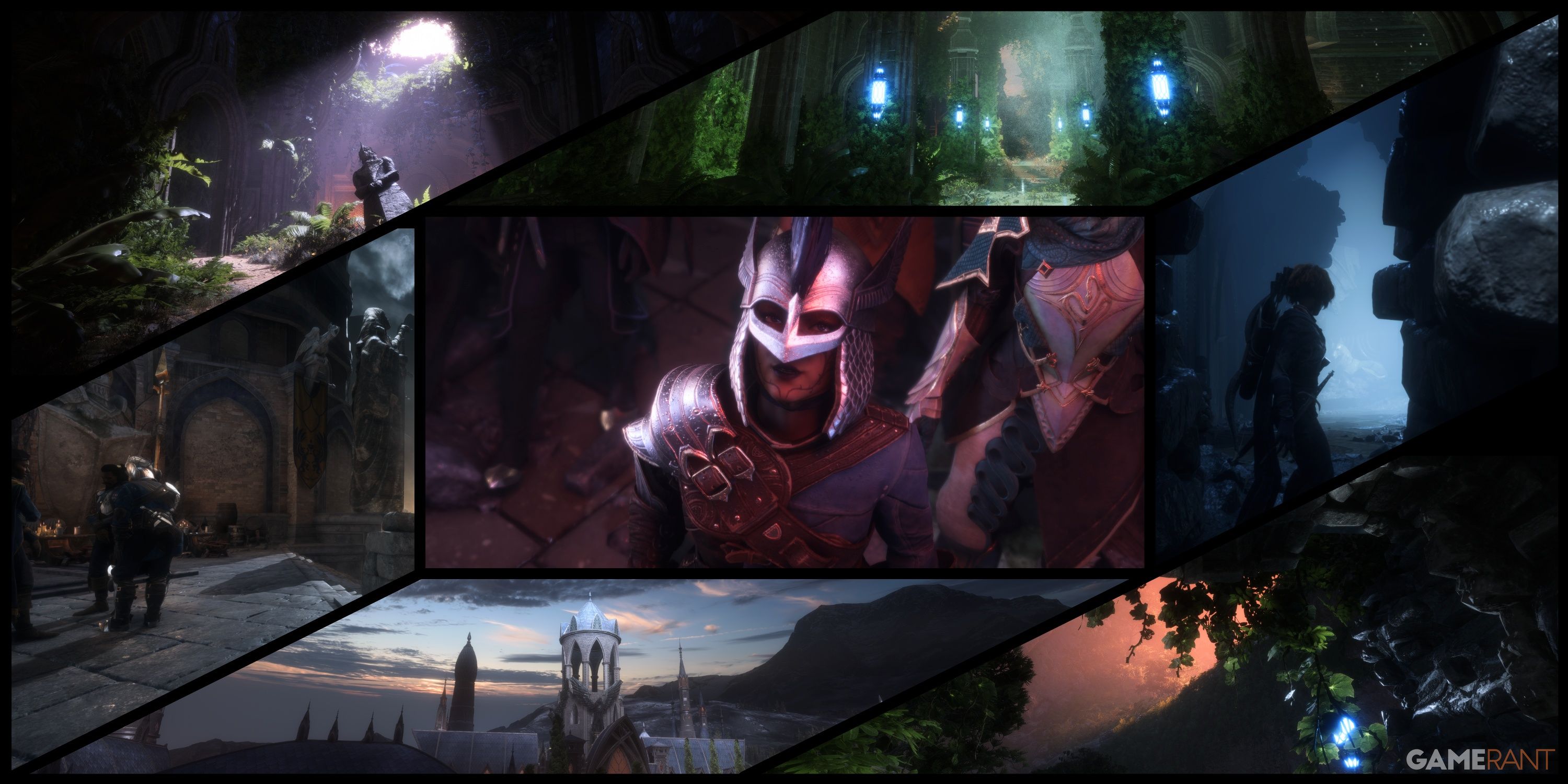 Shots of Arlathan, the Hossberg Wetlands, and Antiva surrounding a Warden Rook in Dragon Age The Veilguard