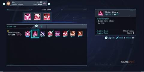 Skill menu showing Mighty Muscle in Lin’s setup, part of the best build for Lin in Xenoblade Chronicles X Definitive Edition