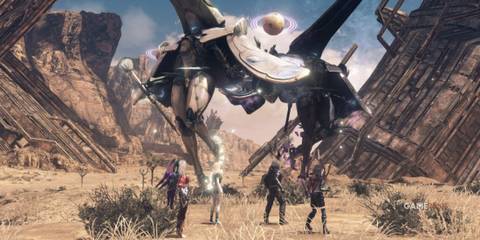 Squad standing below a Skell in the desert, with Lin using the best build in Xenoblade Chronicles X Definitive Edition