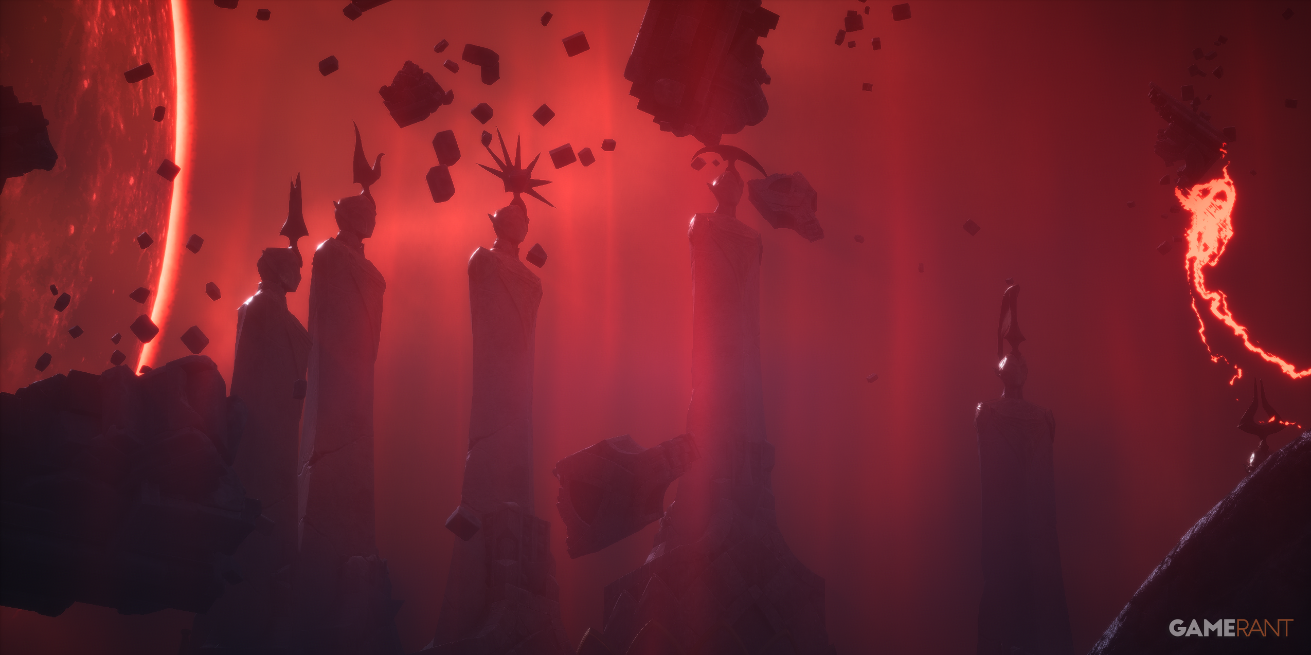 Sculptures Evanuris in the middle of a floating debris in Fade