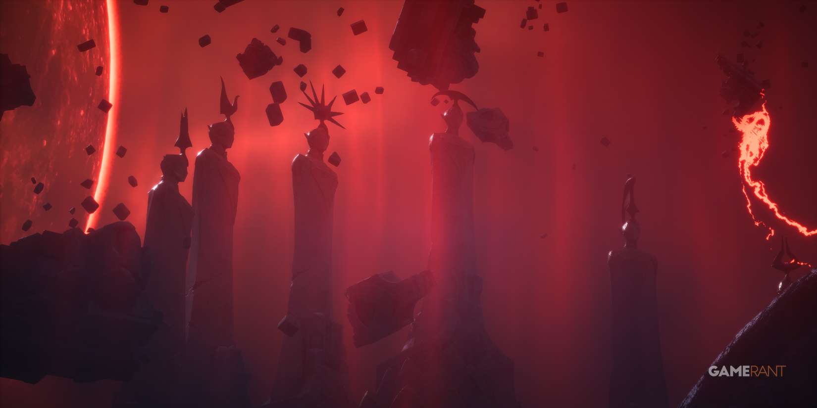 Statues of the Evanuris amidst floating rubble in the Fade