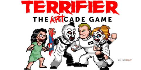 Terrifier The ARTcade Game logo above four character sprites on white background 2x1 composite