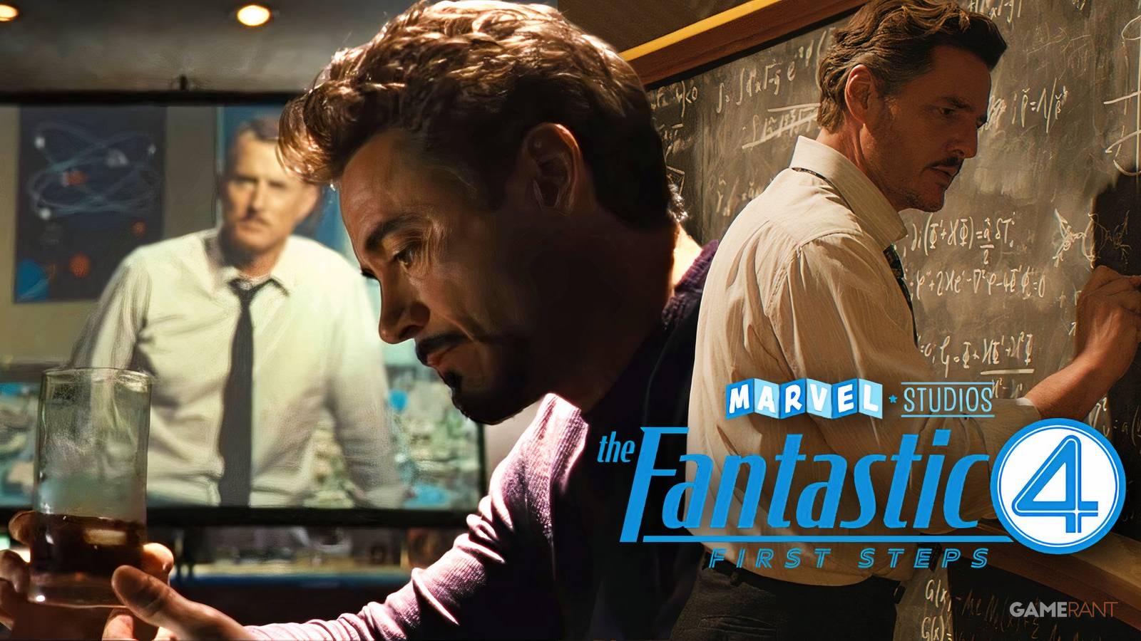robert downey jr as tony stark in iron man with howard stark picture, pedro pascal as reed richards in the fantastic four: first steps
