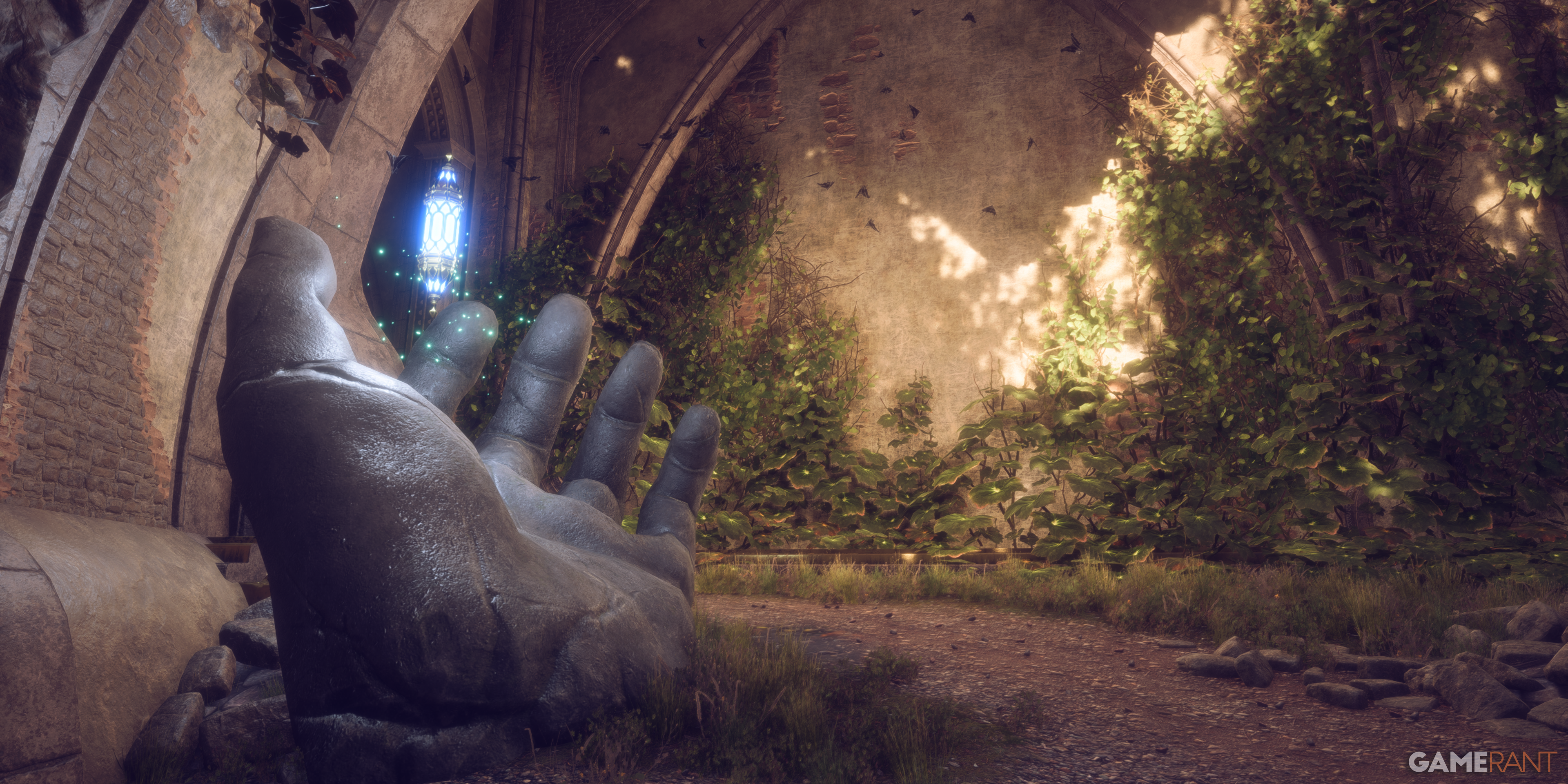 The palm of a fallen statue's hand seemingly gestures toward an ancient light