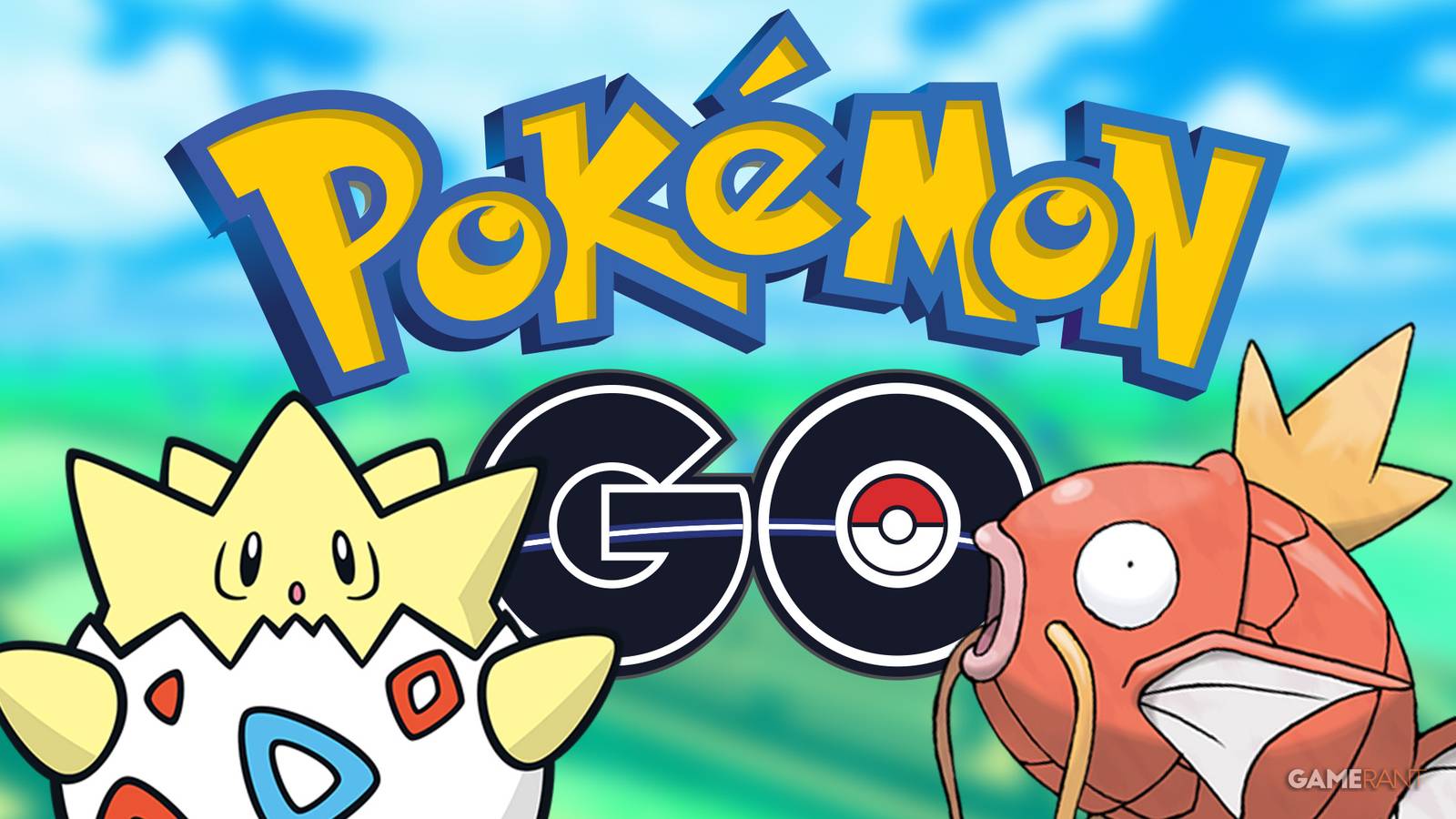 Togeti and Magikarp looking concerned in front of Pokemon GO logo 2x1 composite
