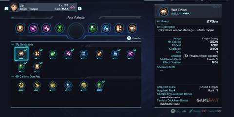 TP-based Arts setup with Wild Down equipped, highlighting the best build for Lin in Xenoblade Chronicles X Definitive Edition