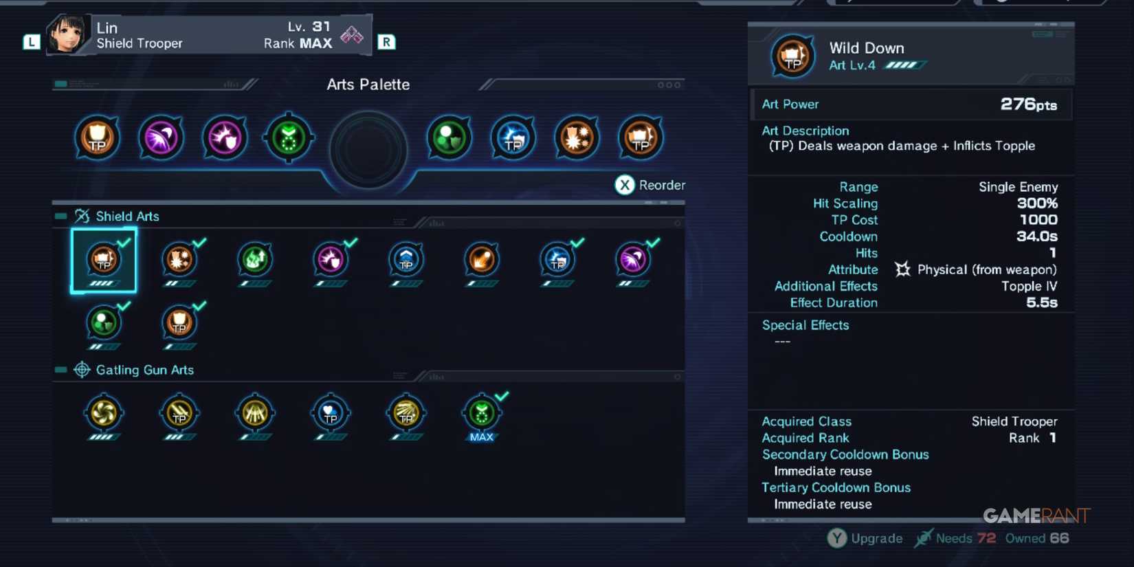 TP-based Arts setup with Wild Down equipped, highlighting the best build for Lin in Xenoblade Chronicles X Definitive Edition