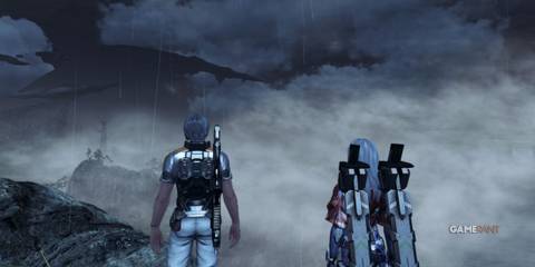 Two characters looking at the cloudy landscape of Mira in Xenoblade Chronicles X Definitive Edition.