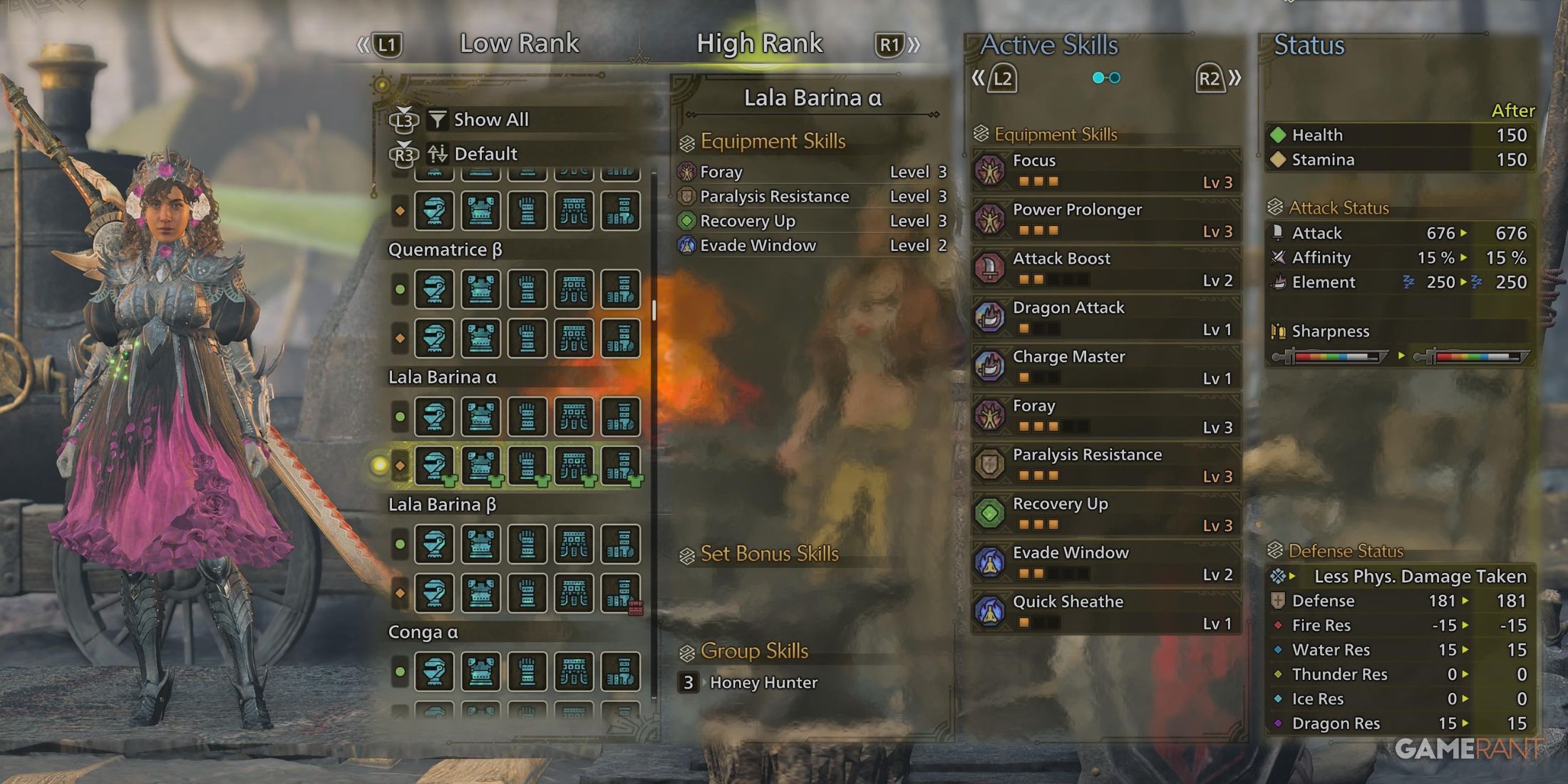 The female version Lala Barina Armor in Monster Hunter Wilds