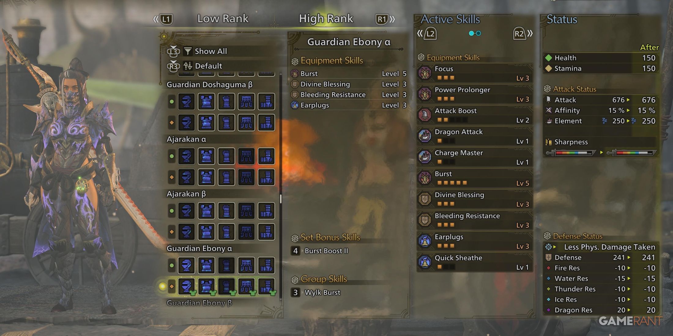 The female version of Guardian Ebony Armor in Monster Hunter Wilds