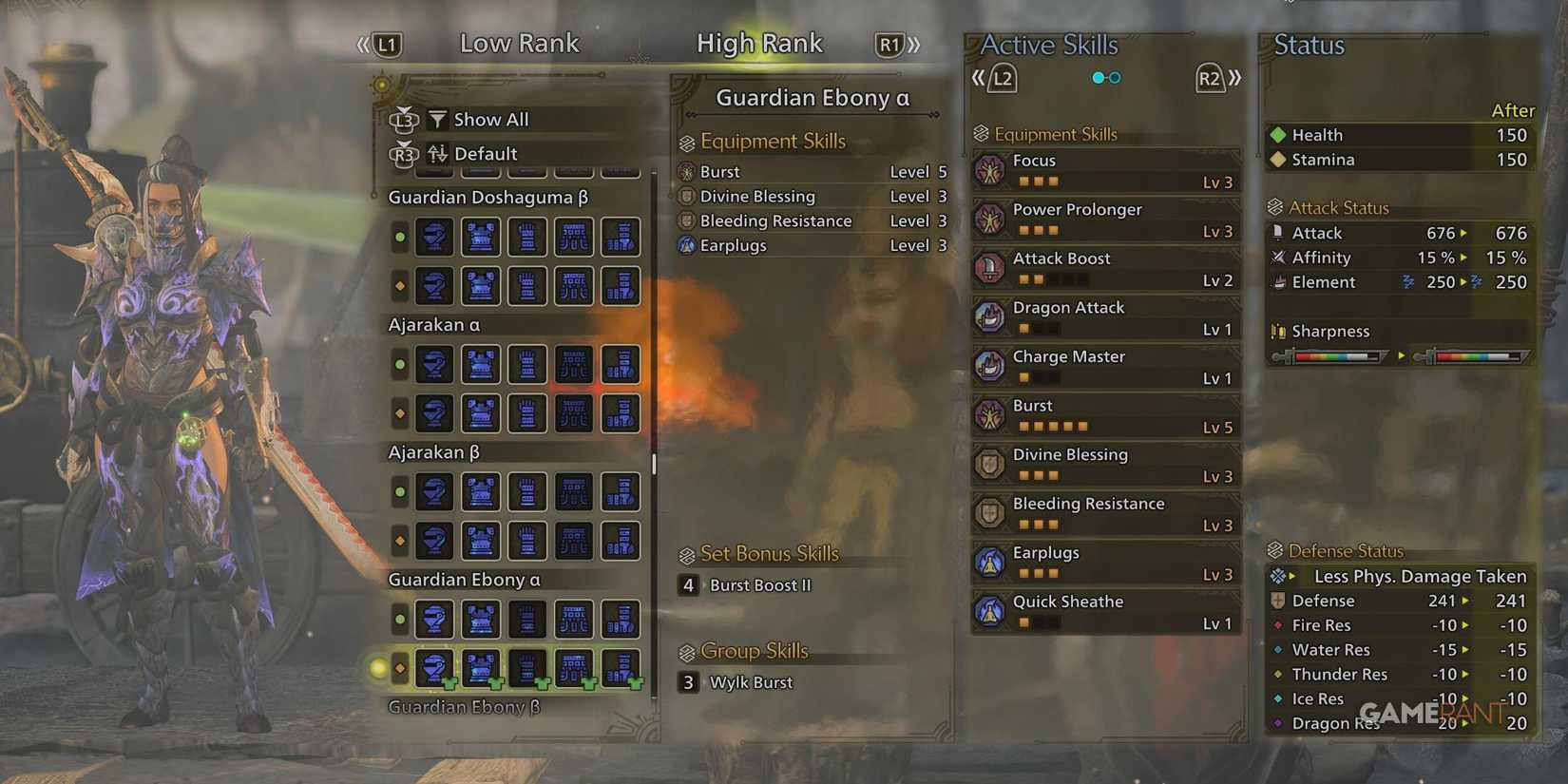 The female version of the Guardian Ebony armor in Monster Hunter Wilds