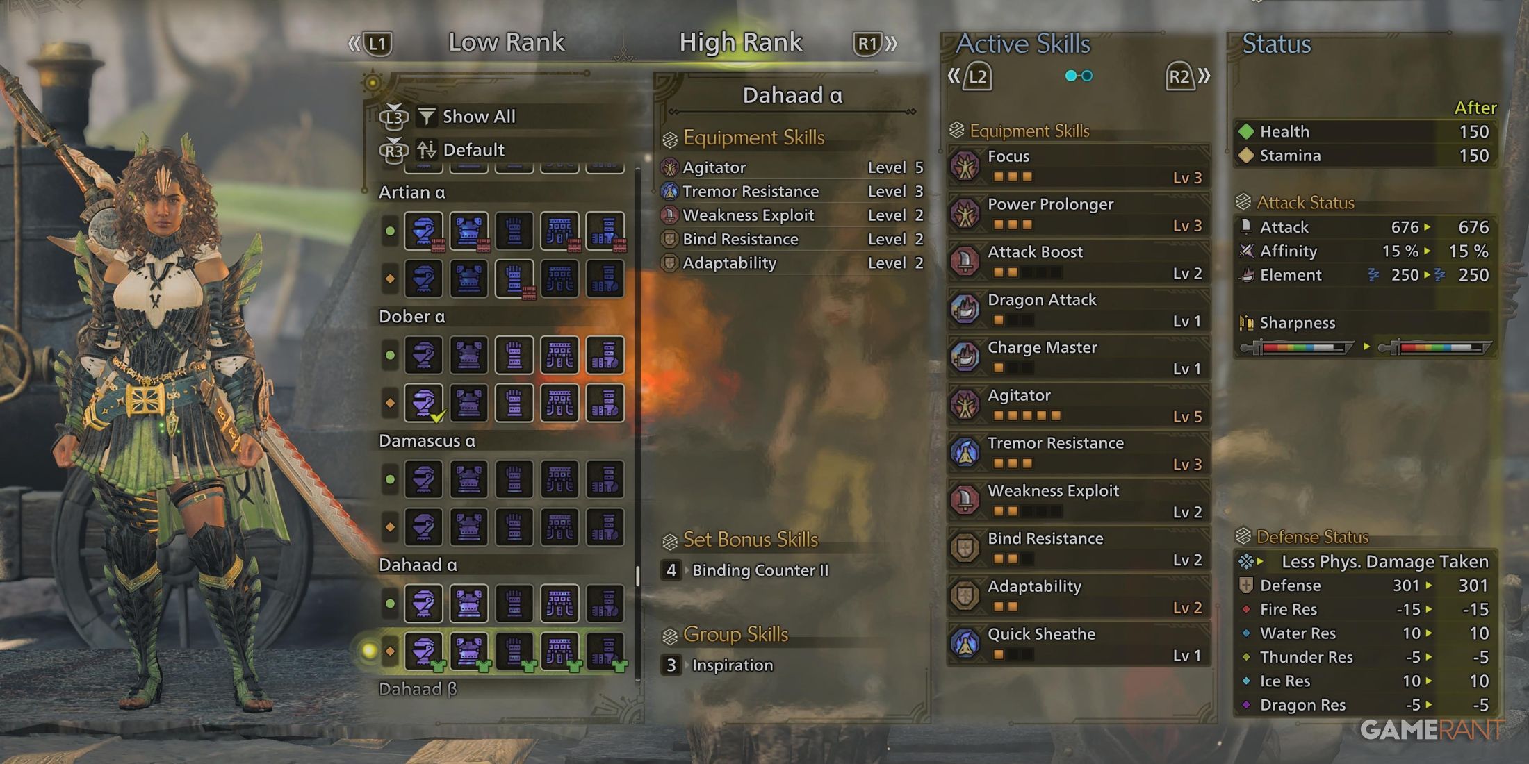 The female version of Dahaad Armor in Monster Hunter Wilds