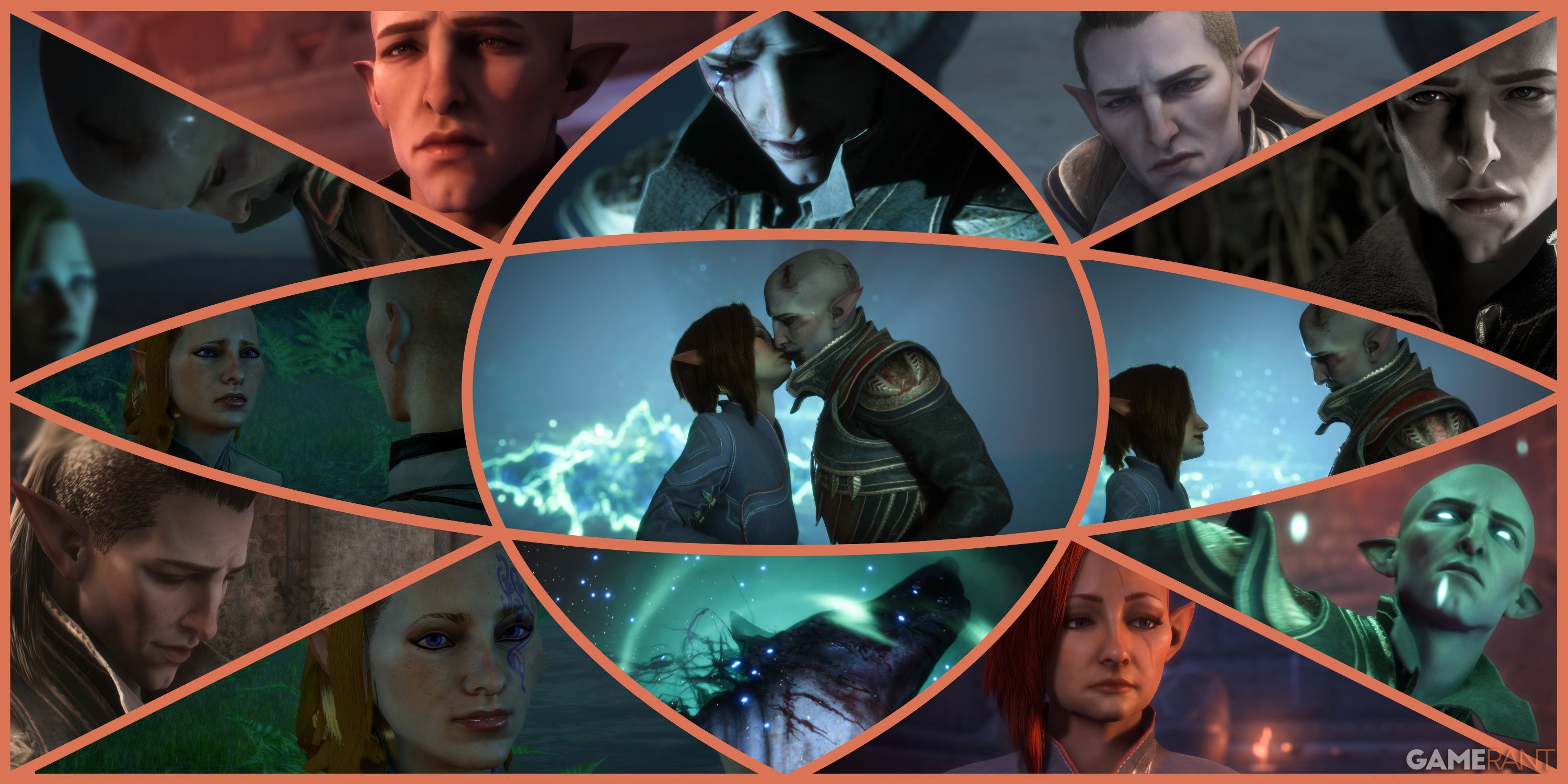 Various shots of Solas and Inquisitor Lavellan in Dragon Age Inquisition and The Veilguard