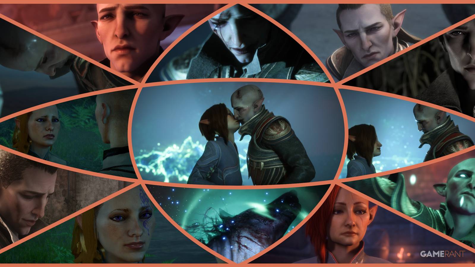Various shots of Solas and Inquisitor Lavellan in Dragon Age Inquisition and The Veilguard