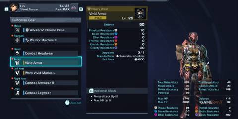 Vivid Armor with Melee Attack Up and Max HP Up, great gear in the best build for Lin in Xenoblade Chronicles X Definitive Edition