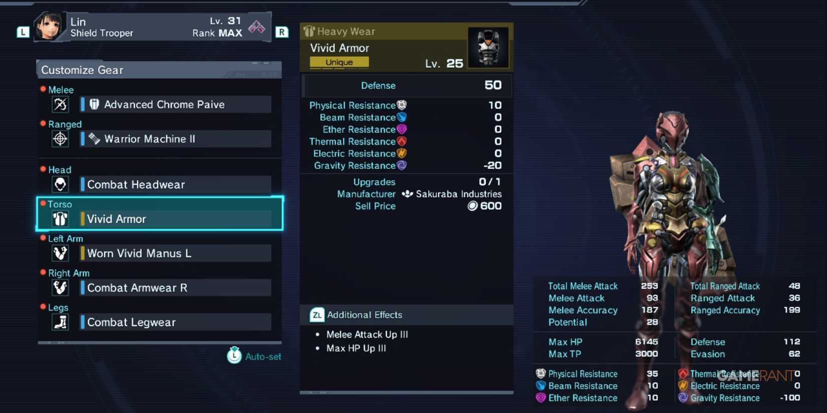 Vivid Armor with Melee Attack Up and Max HP Up, great gear in the best build for Lin in Xenoblade Chronicles X Definitive Edition