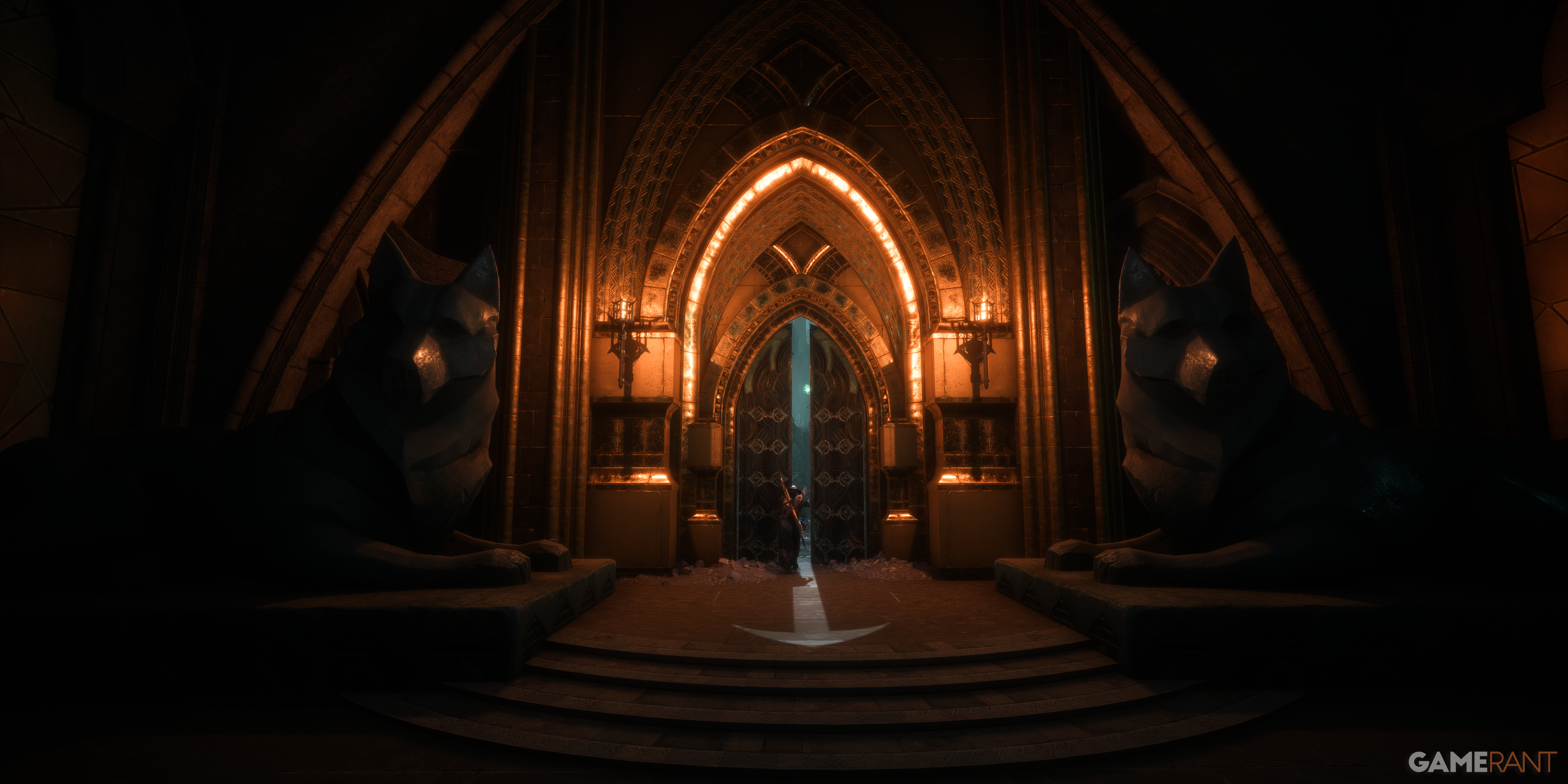 Warden Rook opening illuminated Elvhen doors with Fen'Harel statues on either side