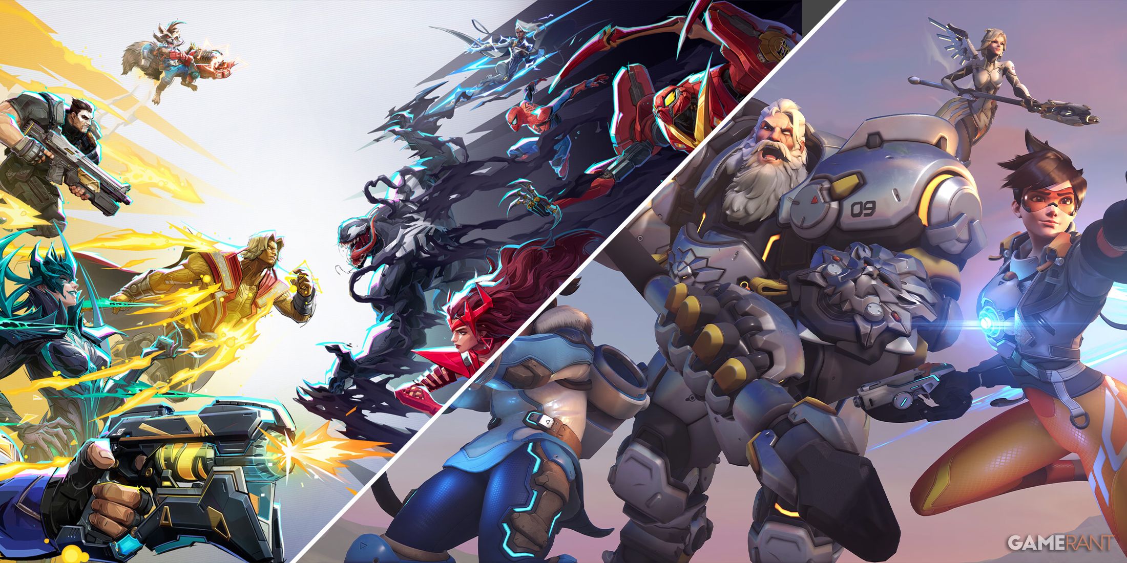 Marvel Rivals and Overwatch 2 official art two image collage