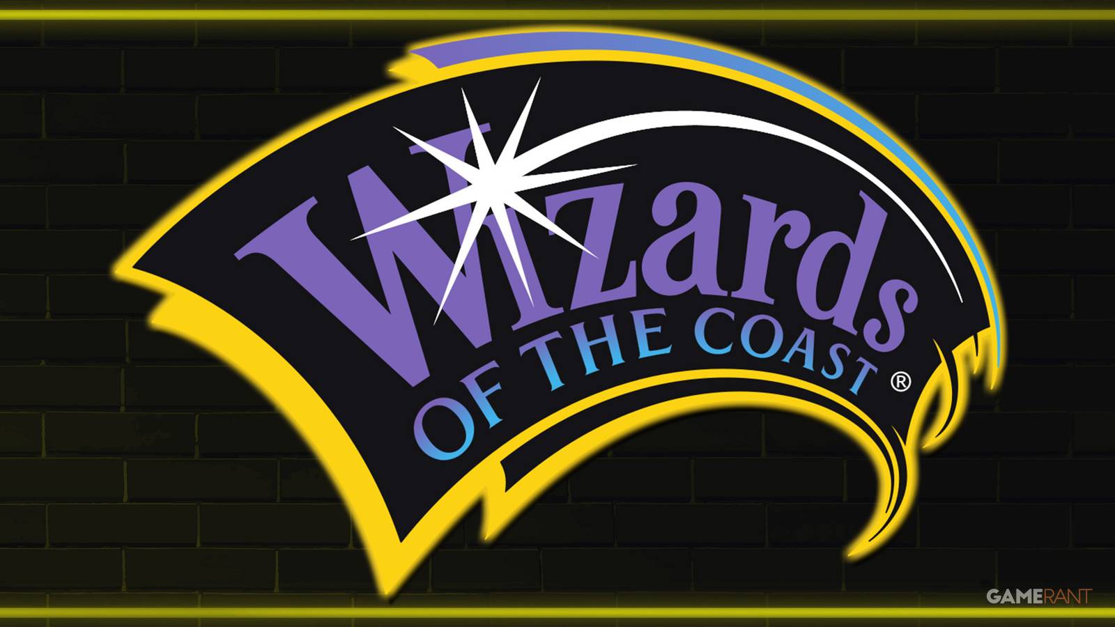 Wizards of the Coast logo on yellow neon sign wall 2x1 composite