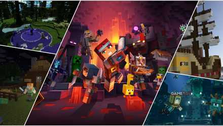 A Collage Of Key Art & Key Frames From Minecraft, Minecraft Dungeons, Minecraft Legends, Minecraft Earth, & Minecraft Story Mode