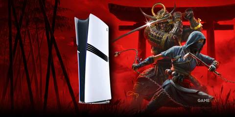 a ps5 pro next to ac shadows' protagonists. 