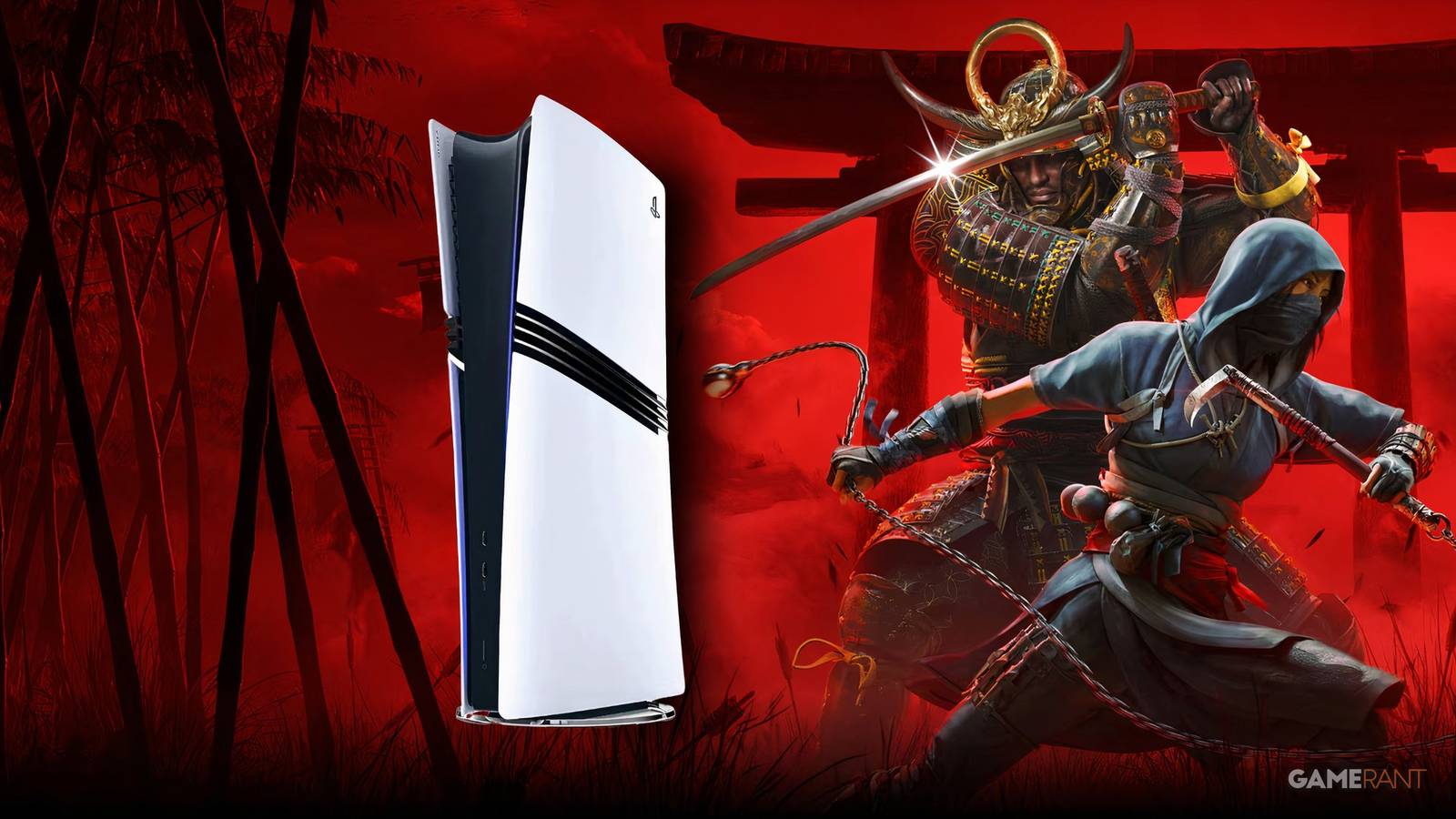 a ps5 pro next to ac shadows' protagonists. 