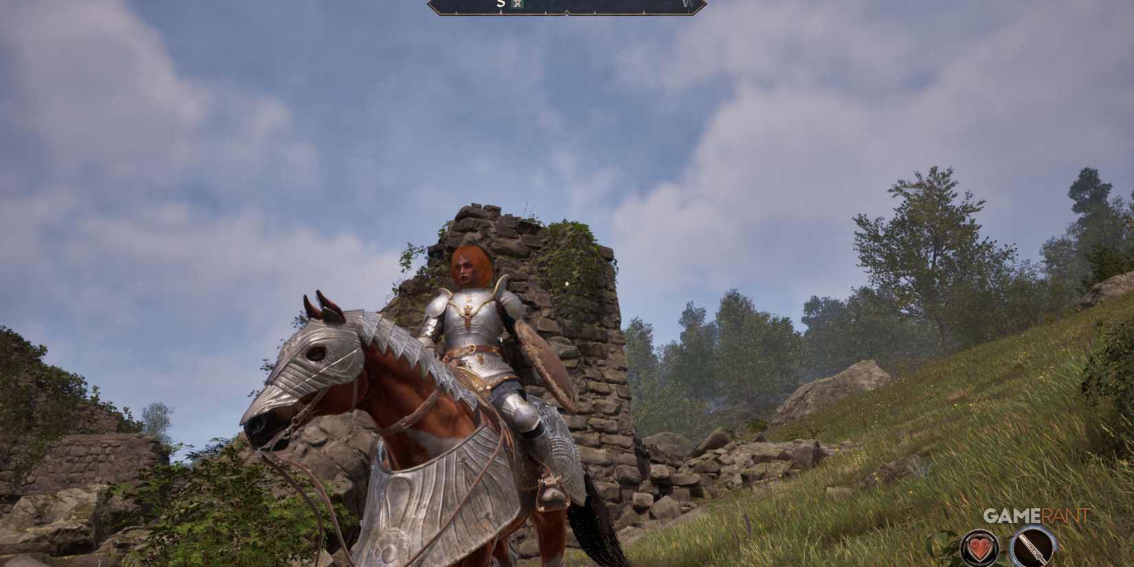 Armored character on horseback overlooking a lake and bridge in the open world of Oblivion Remastered