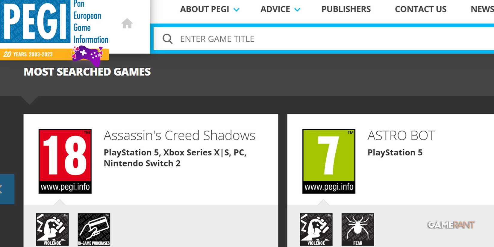 Assassin's Creed Shadows PEGI homepage Nintendo Switch 2 rating screenshot April 19 2025