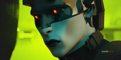 Bungie Marathon character with glowing red eyes on lime background