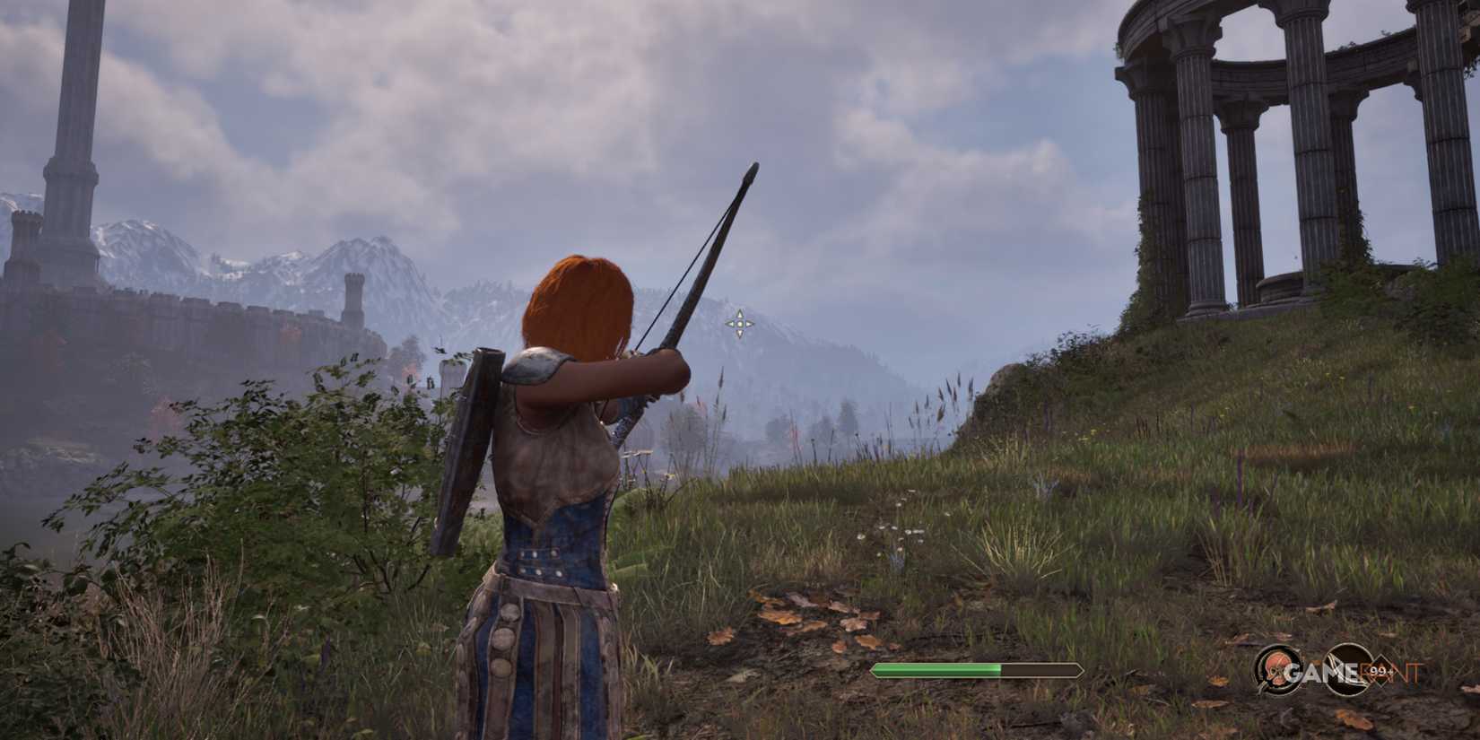 Character aiming Silver Bow, a top-tier early game weapon in Oblivion Remastered